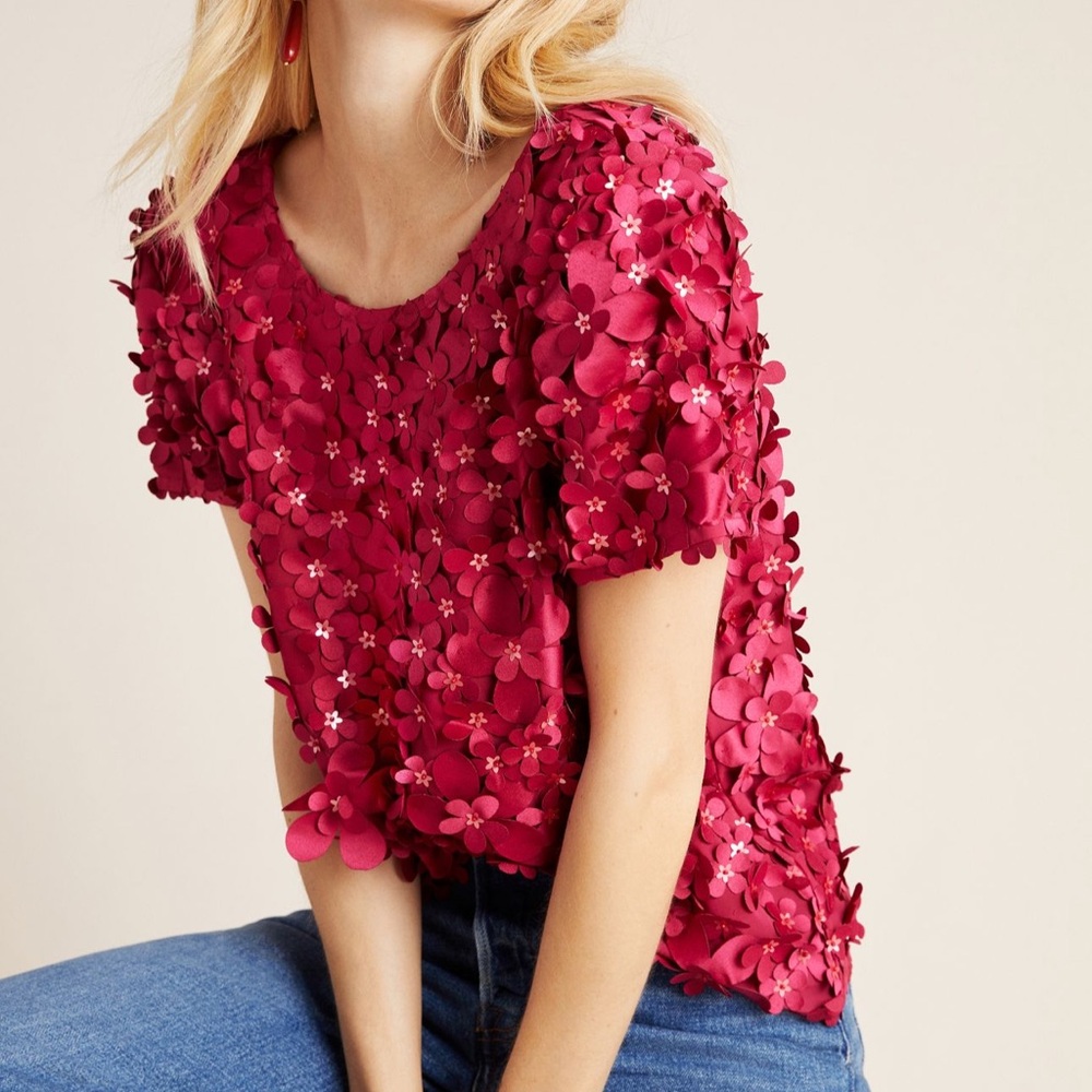 Varun Bahl Red Rosemary Flower Texture 3D Cropped Short Sleeve Blouse 00P